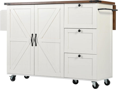 Rolling Kitchen Island Cart with Foldable Countertop, 3 Drawers & Cabinet