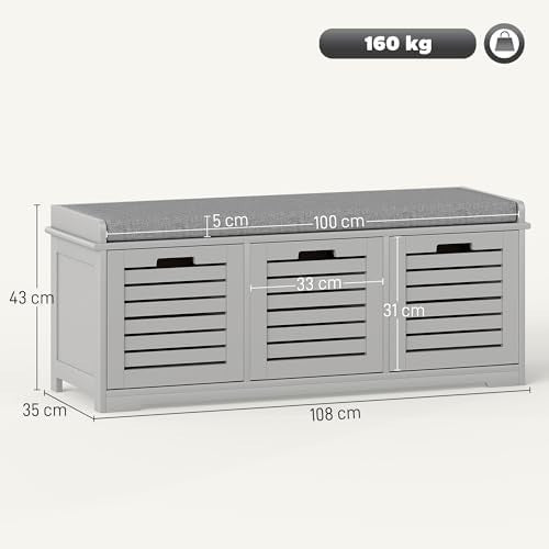 Grey Shoe Storage Bench with Cushion & 3 Drawers – Modern Hallway Seat