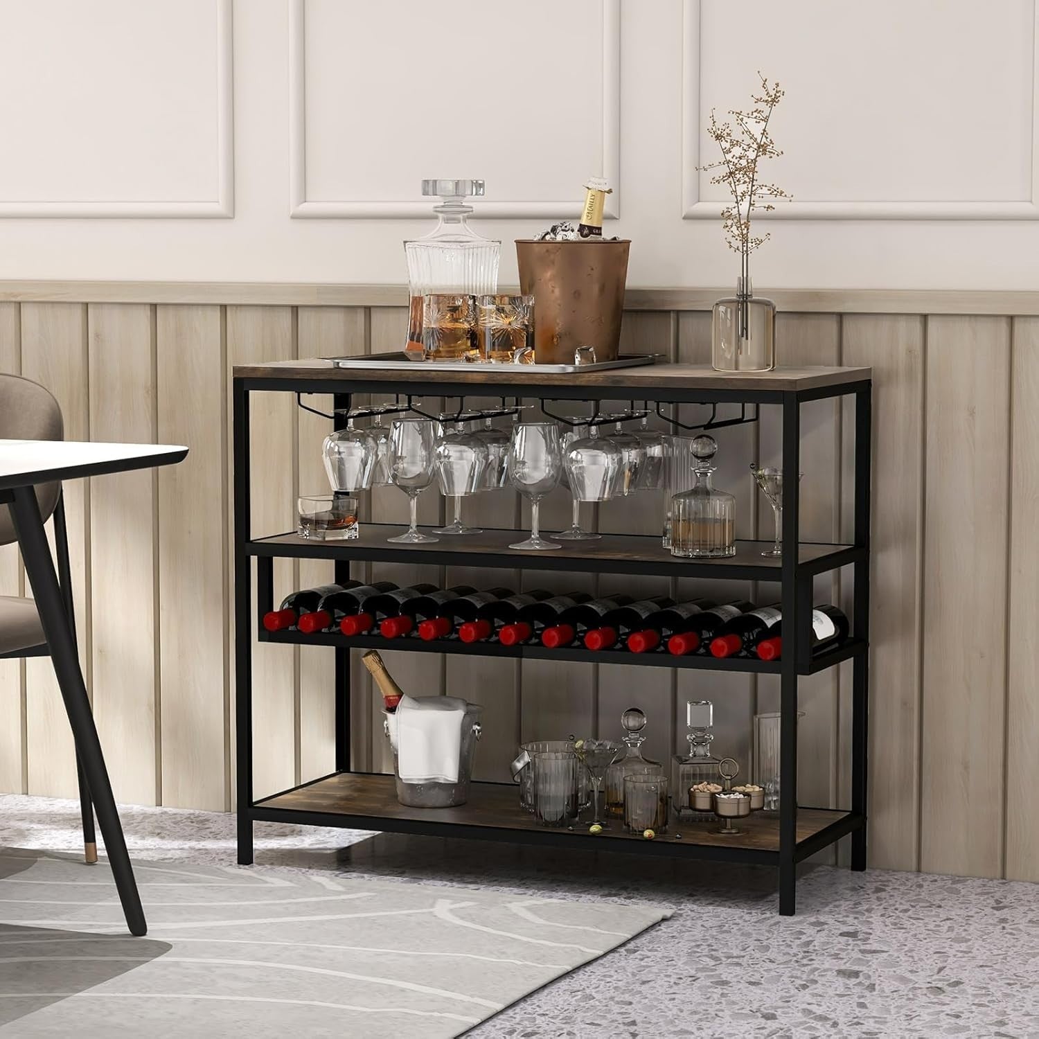 4-Tier Wine Rack Bar Table with Glass Holder, Rustic Shelving Unit 102x40x87cm