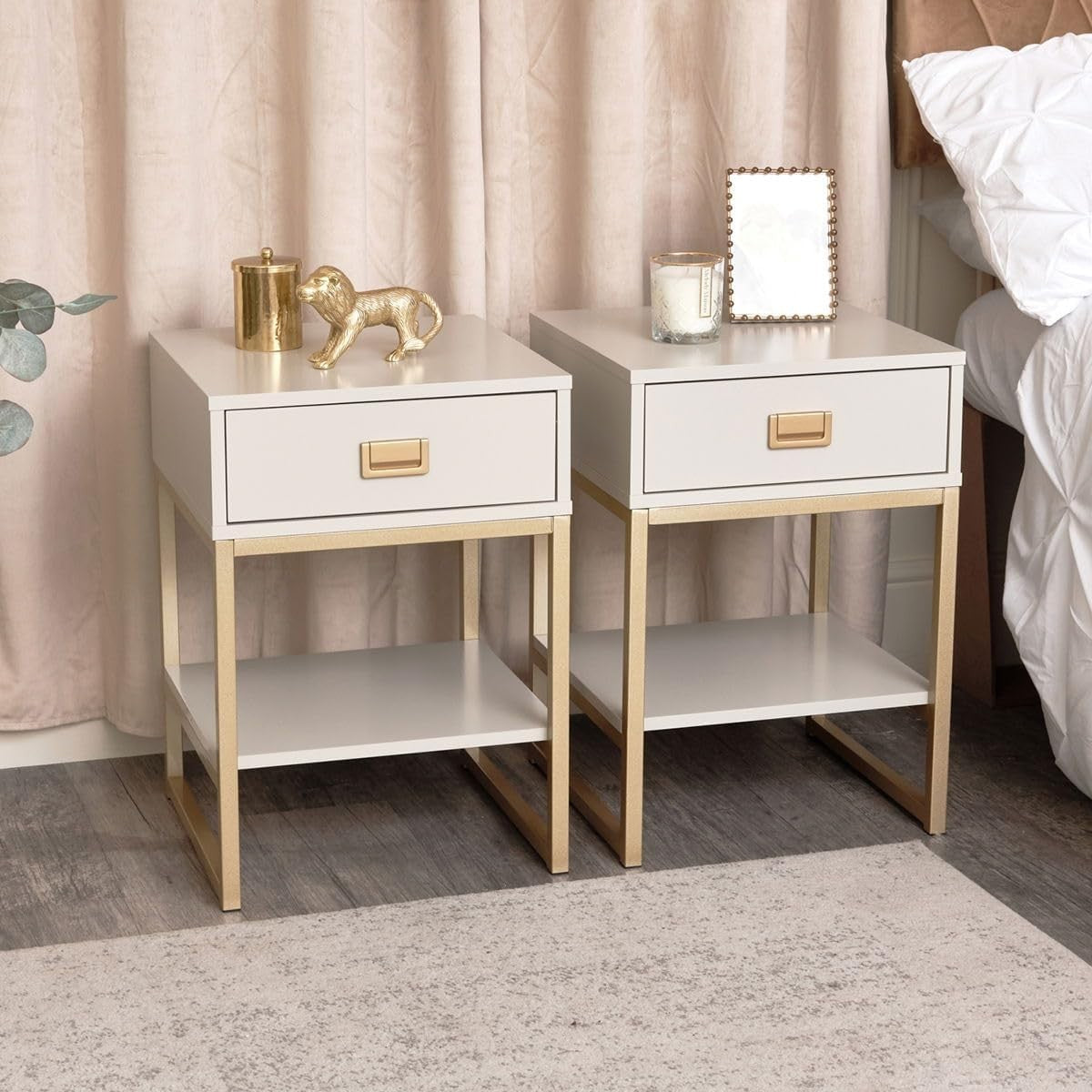 Modern Gold Frame Bedside Tables with Drawer & Shelf – Taupe Beige Pair