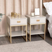 Modern Gold Frame Bedside Tables with Drawer & Shelf – Taupe Beige Pair