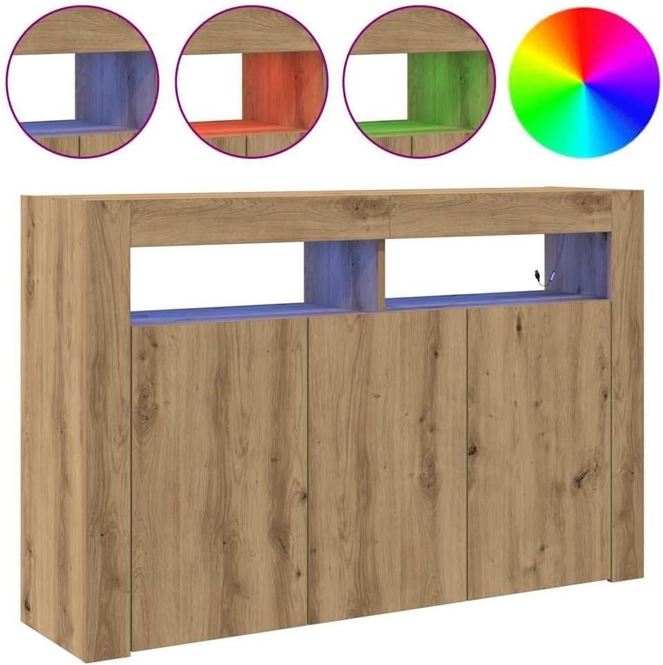 Oak Sideboard with LED Lighting, Engineered Wood Storage Cabinet for Living Room