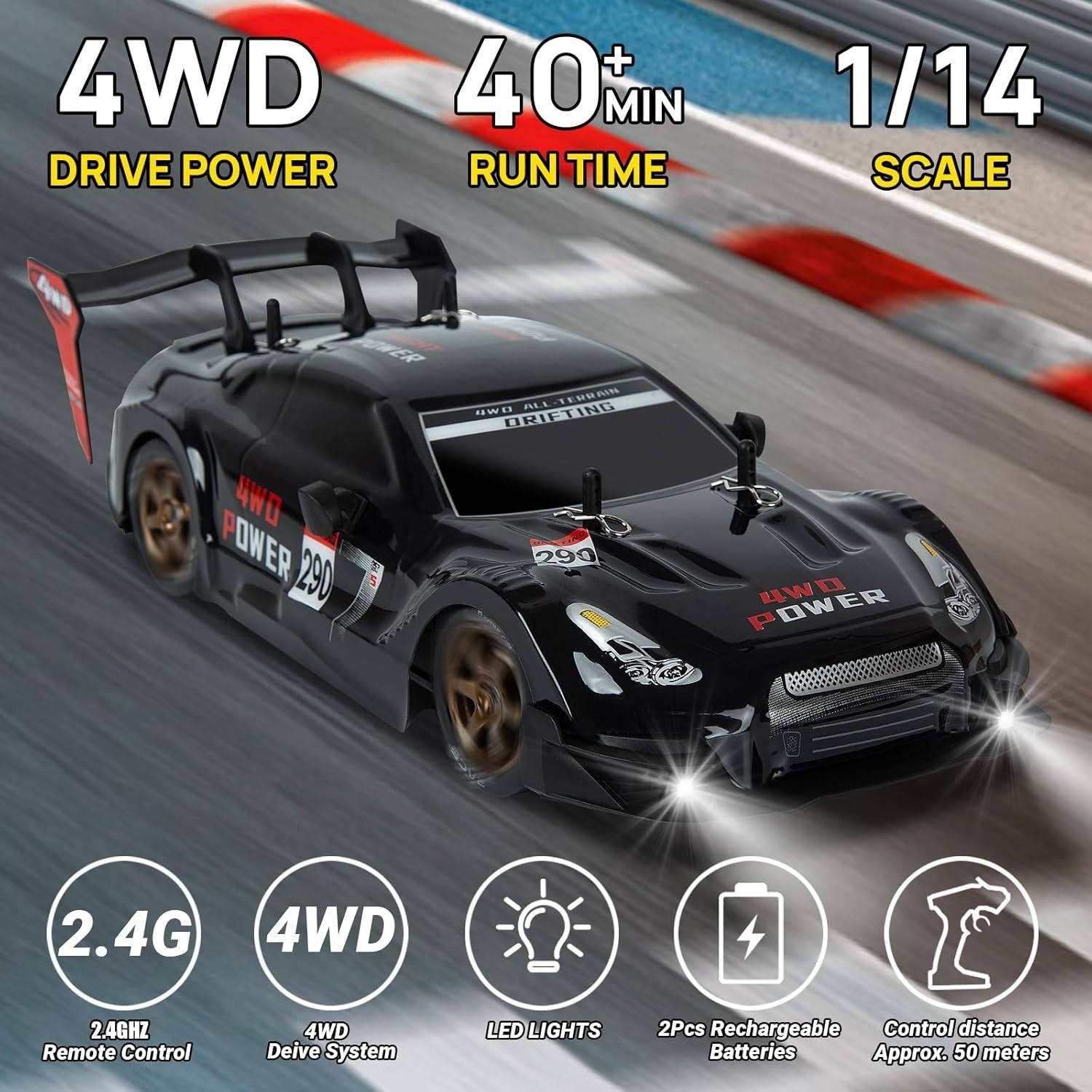 1:14 4WD RC Drift Car Full Pro Steering & Throttle + Extra Tires LED
