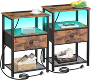 Set of 2 Rustic LED Bedside Tables with Charging Station, Fabric Drawer & Storag