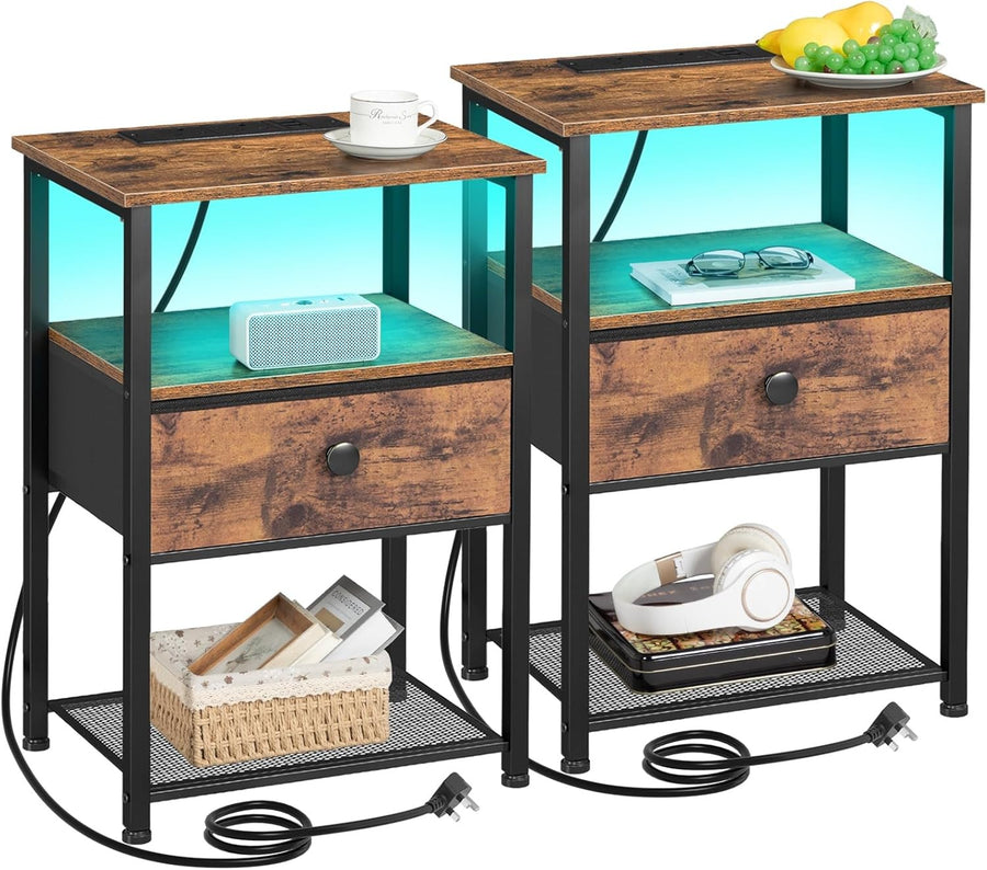Set of 2 Rustic LED Bedside Tables with Charging Station, Fabric Drawer & Storag