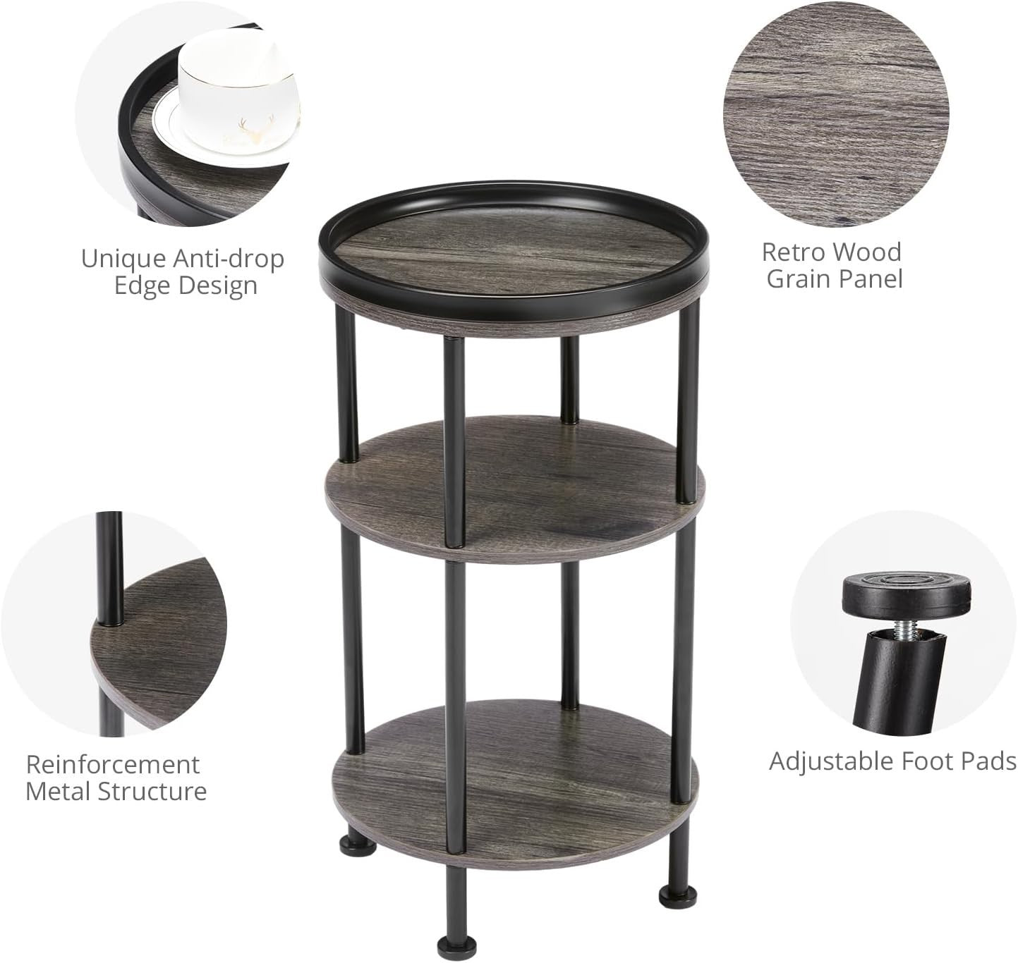 3 Tier Round Side Table with Storage Shelf Metal Frame Small Space Grey 30x55