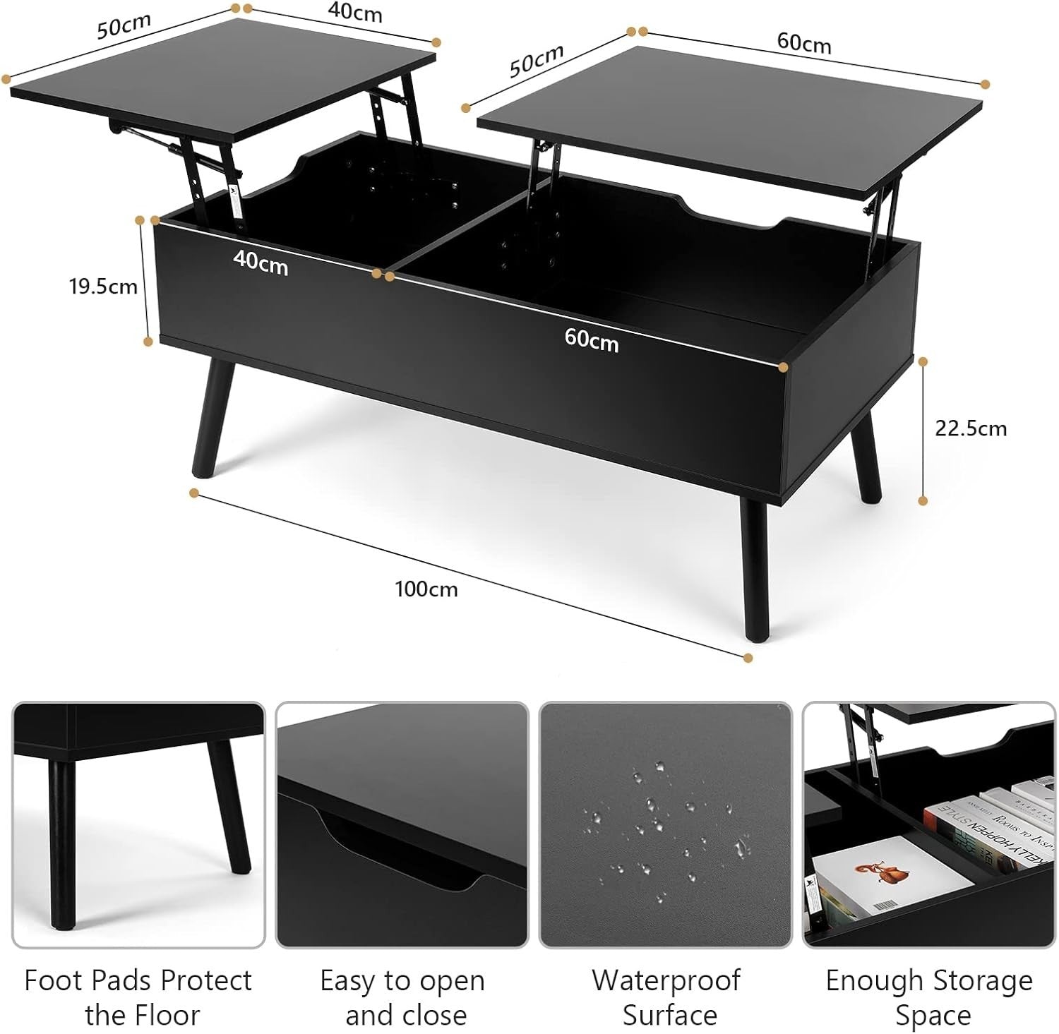 Black Lift Top Coffee Table with Hidden Storage & Dual Work Surfaces