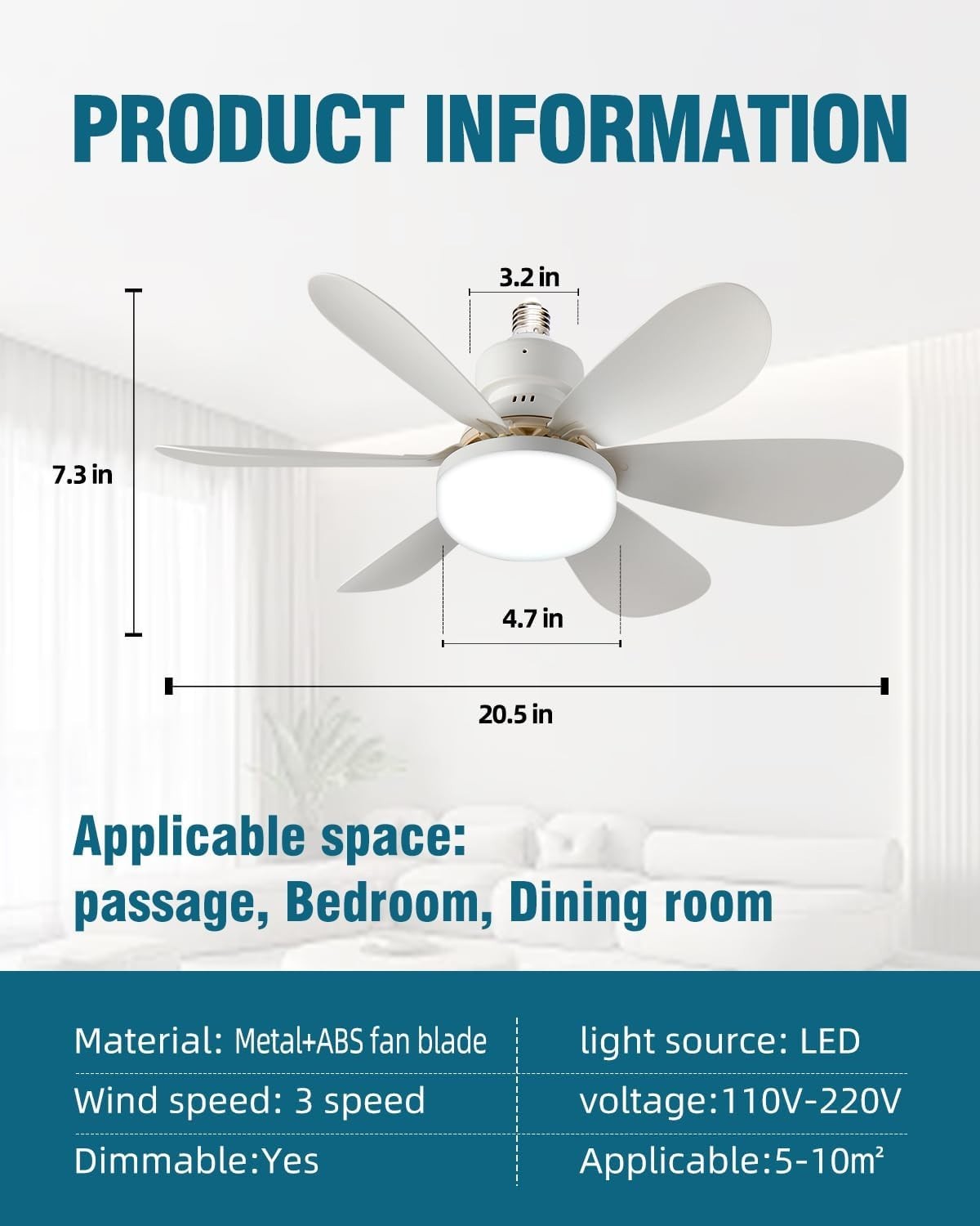 Screw-in Ceiling Fan Light, E27 LED, 3 Speeds, 3 Colors, Remote, Quiet