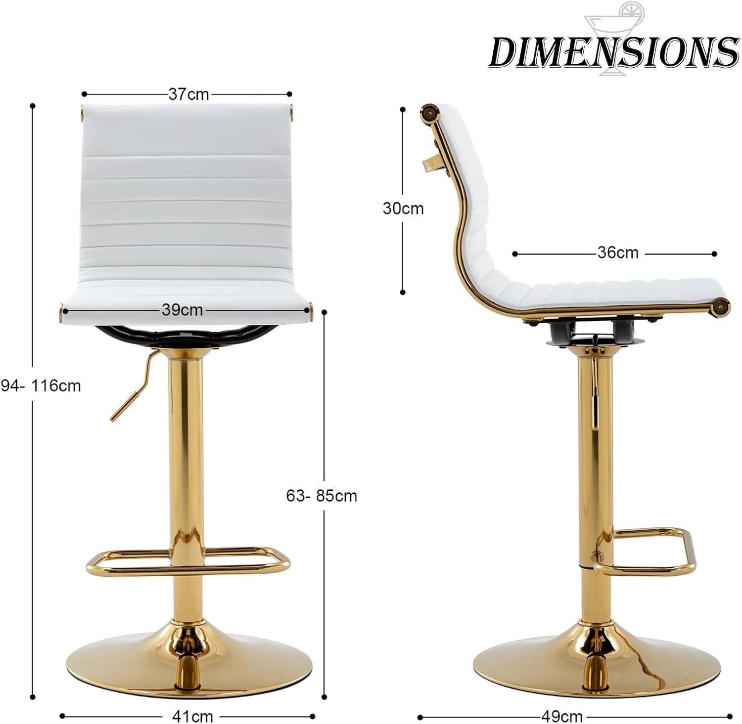 Adjustable White PU Leather Bar Stools Set of 2 Swivel Kitchen Counter