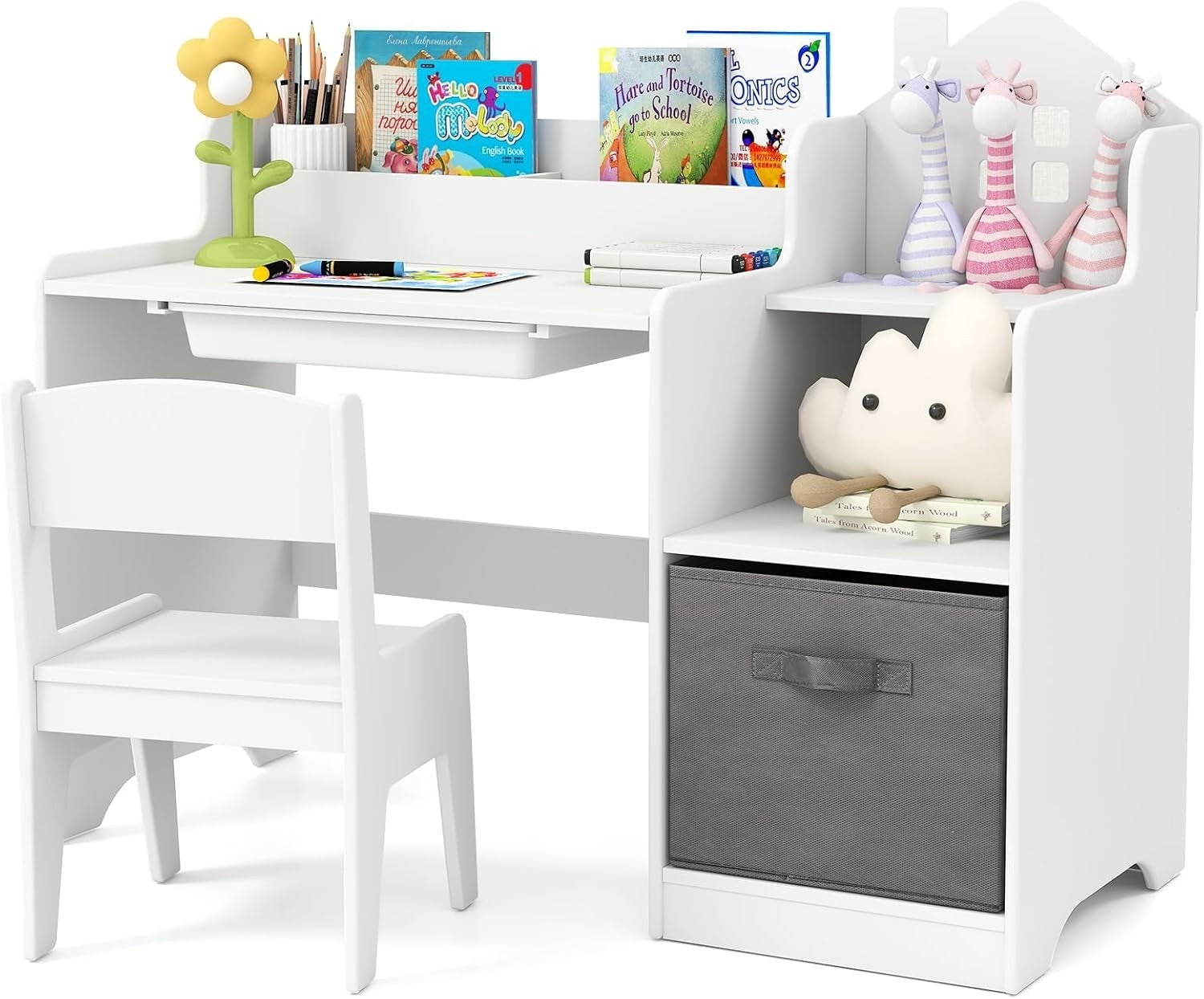 Kids Wooden Desk and Chair Set w/ Drawer Shelves Storage Bin Study Table White