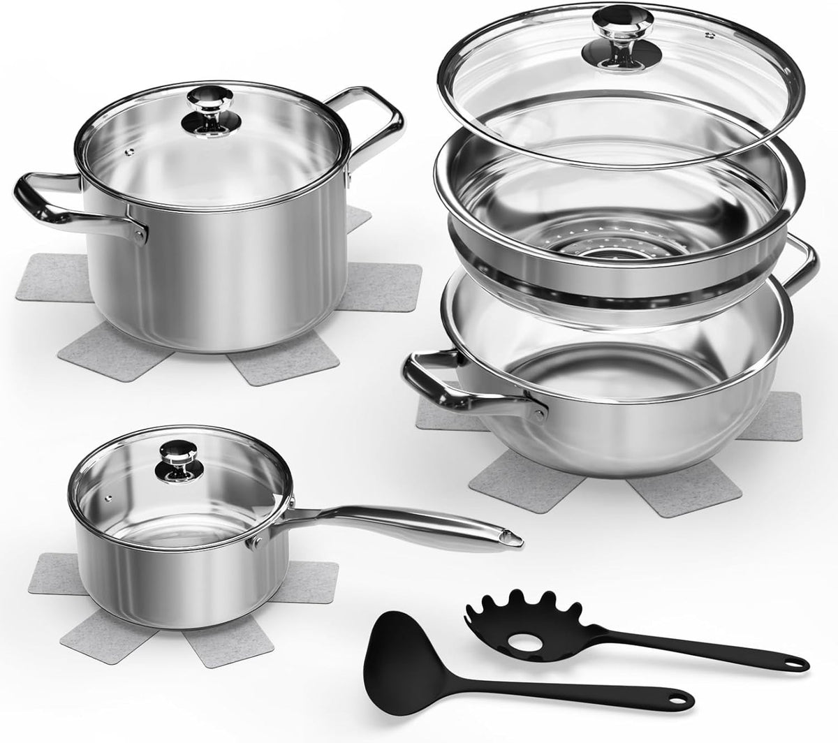 12pcs Stainless Steel Cookware Set Induction-Ready with Steamer & Utensils