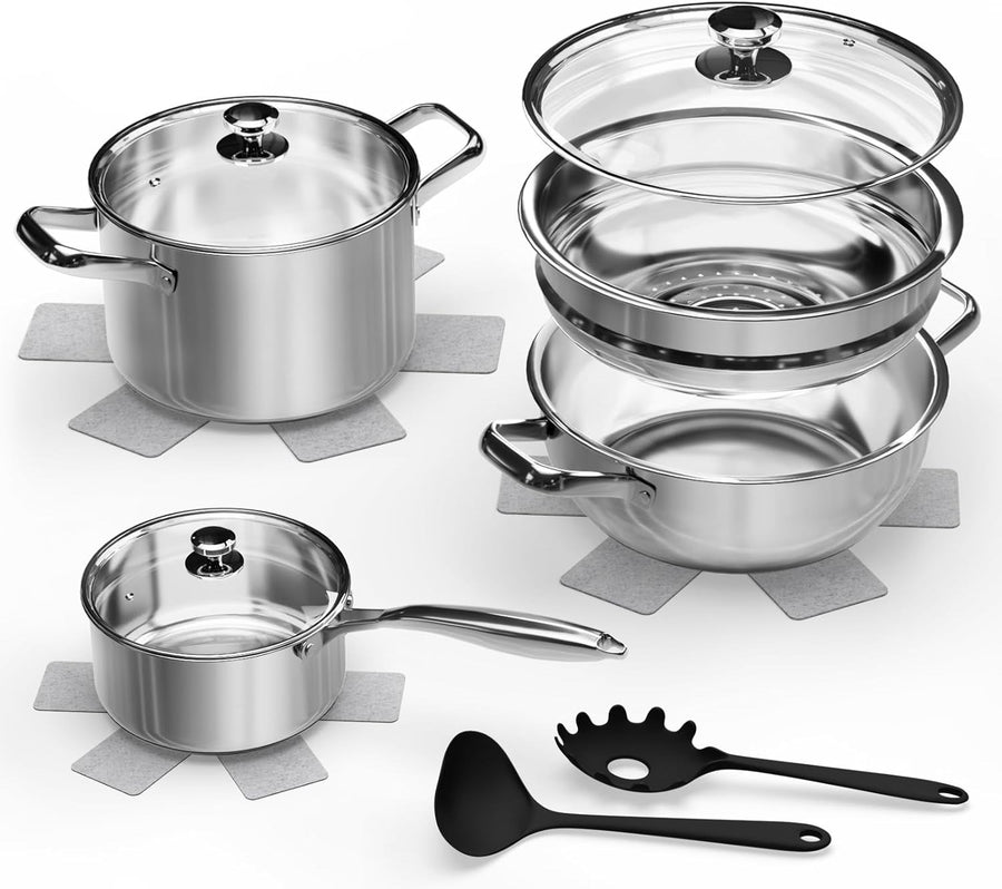 12pcs Stainless Steel Cookware Set Induction-Ready with Steamer & Utensils