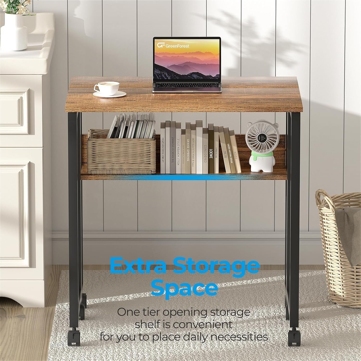 Folding Desk with Shelf & Wheels 31.5" Compact Walnut Rolling Computer Table