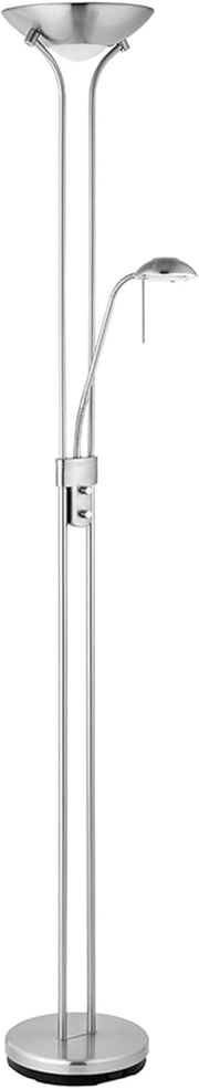 Satin Chrome Floor Lamp with Reading Light – 180cm Tall Dimmable Uplighter
