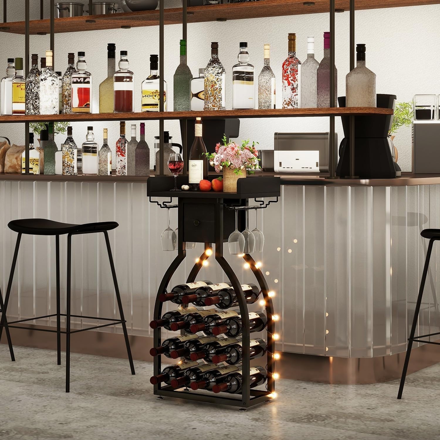 Freestanding Wine Rack 15 Bottle Storage with Glass Holder & Drawer Home Bar