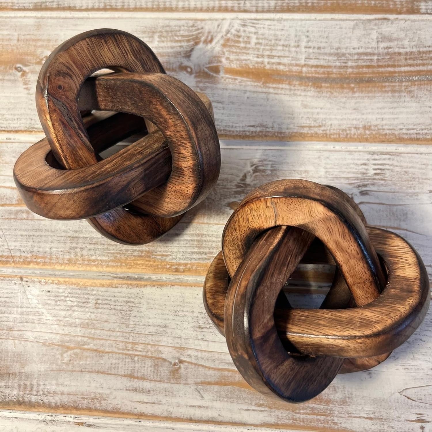 Rustic Wooden Knot Ornaments Pair | 3-Link Sculptures | Shelf & Coffee Table