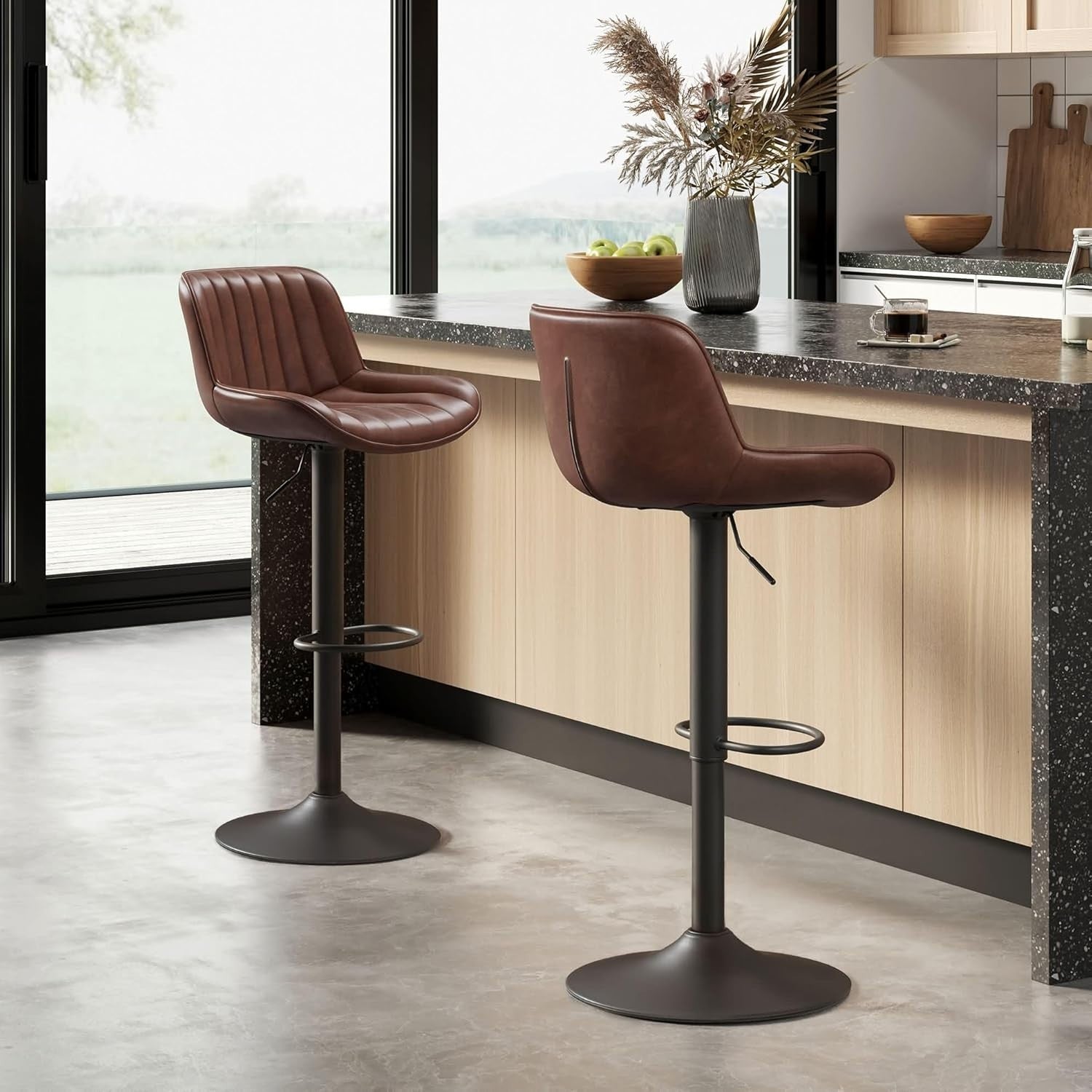 Cognac Brown Bar Stools Set of 2 | Memory Foam Seat, Adjustable Swivel