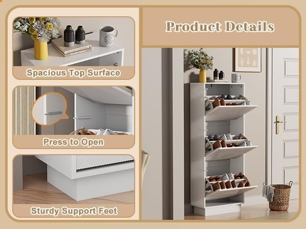 White Slim Shoe Cabinet Storage | 3 Flip Drawers, Anti-Tip, 131cm Tall
