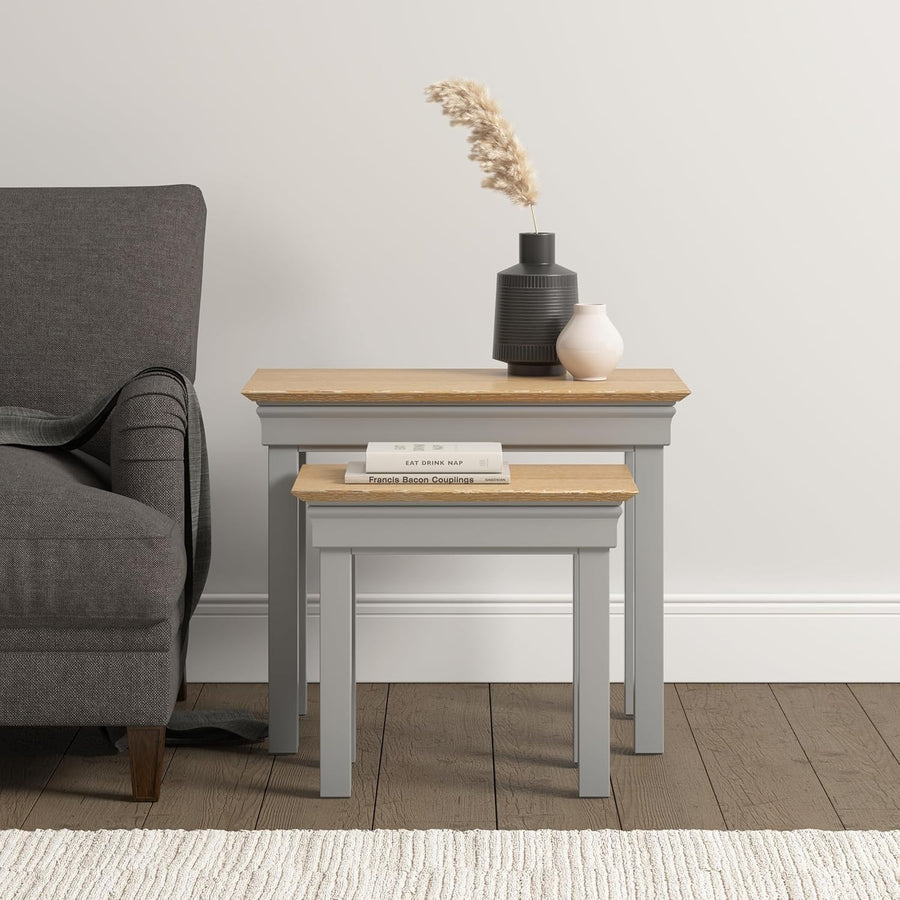 Space Saving Nest of 2 End Tables Pebble Grey Oak Wood Side Coffee Table