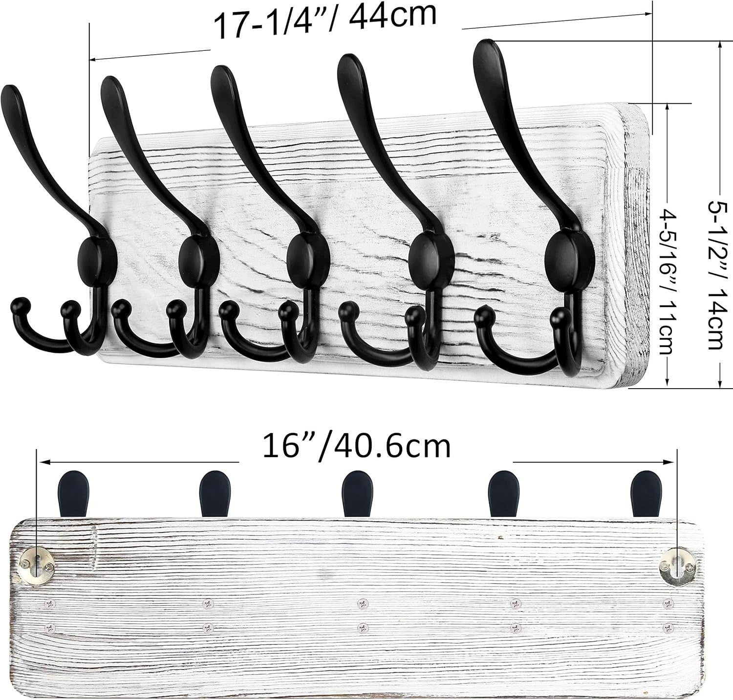 Set of 2 White Wooden Wall Coat Racks | Rustic 5 Triple Hooks Heavy Duty Organiz