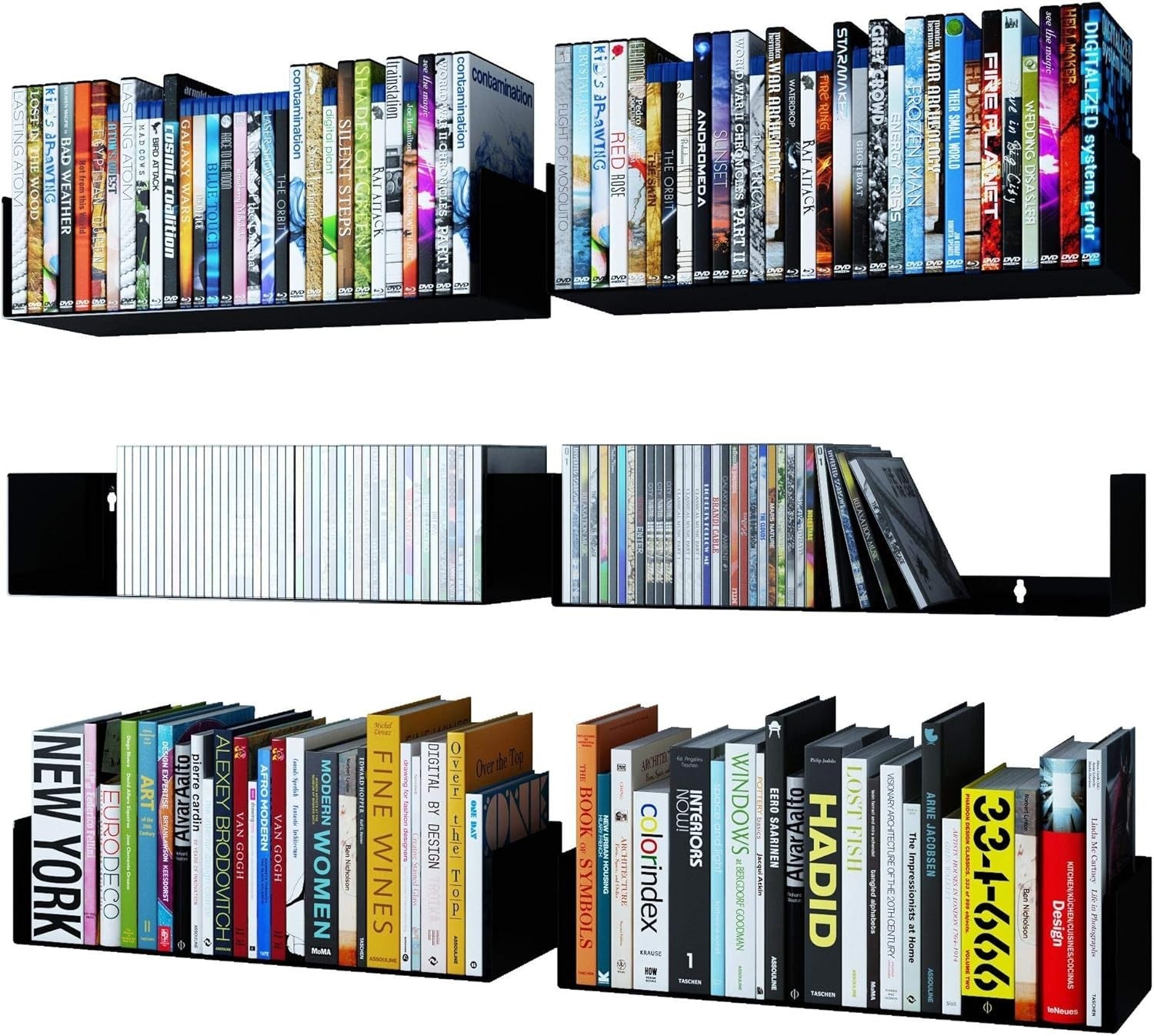 Black Floating Wall Shelves Set of 6 CD DVD Storage Metal Bookshelf