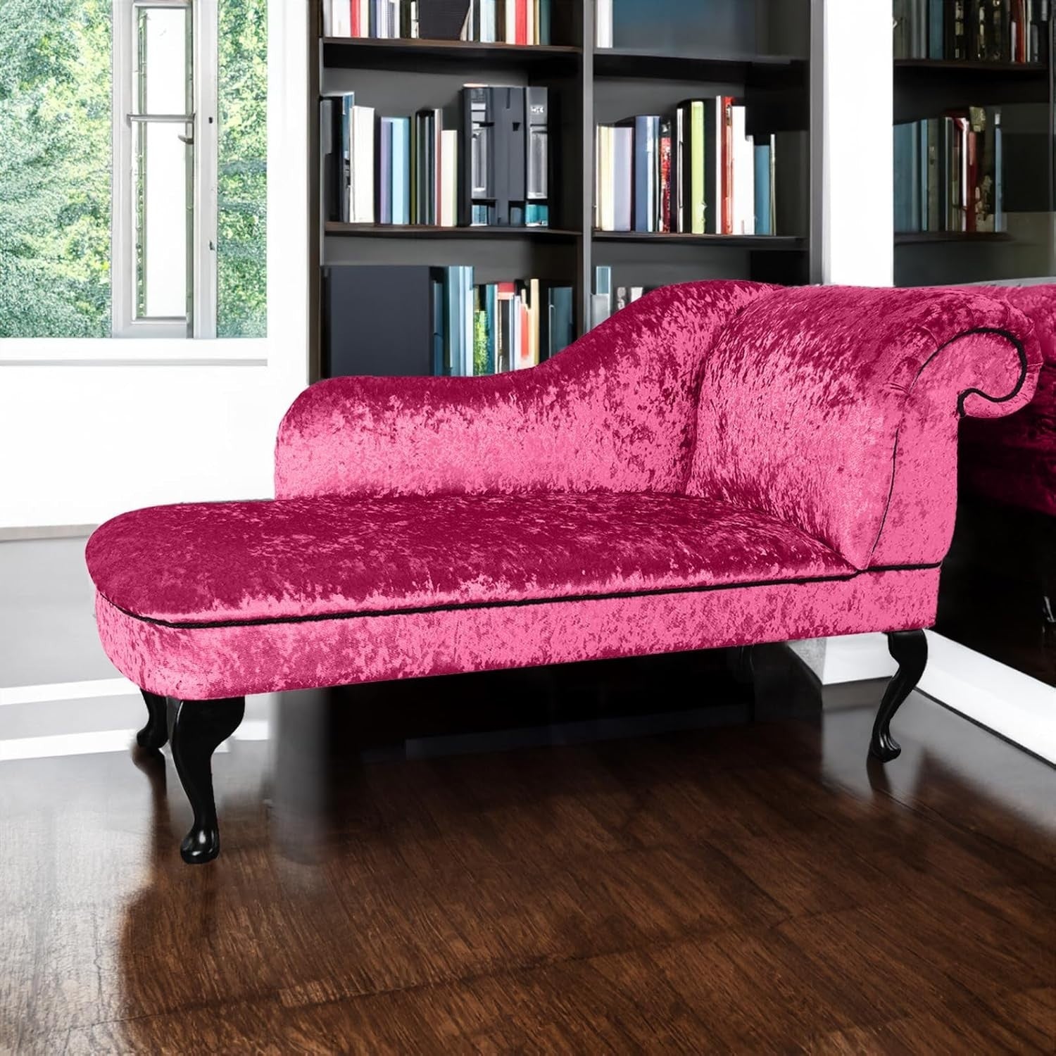 Luxury Left Hand Velvet Chaise Lounge Chair Boysenberry with Queen Anne Legs.