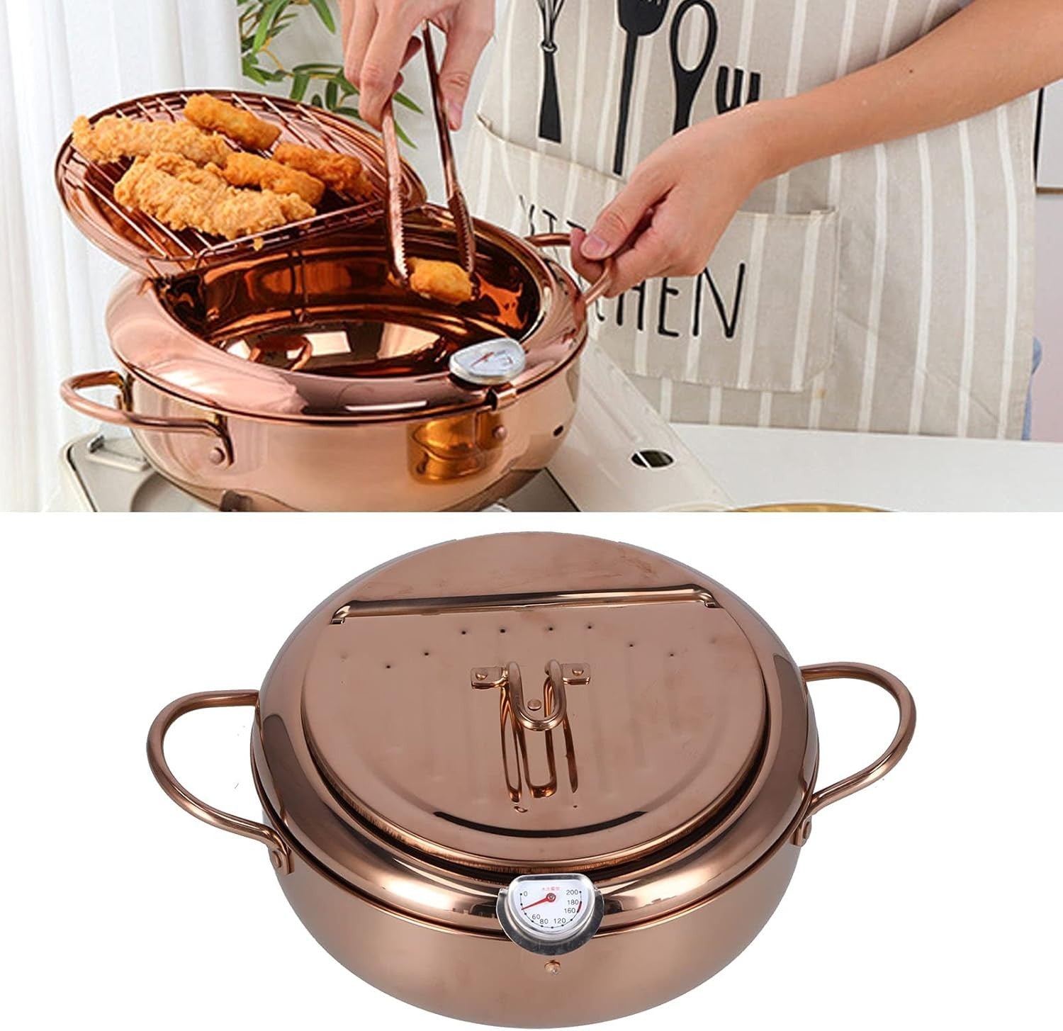 3.2L Stainless Steel Deep Fryer Pot w Thermometer Non Stick Rose Gold