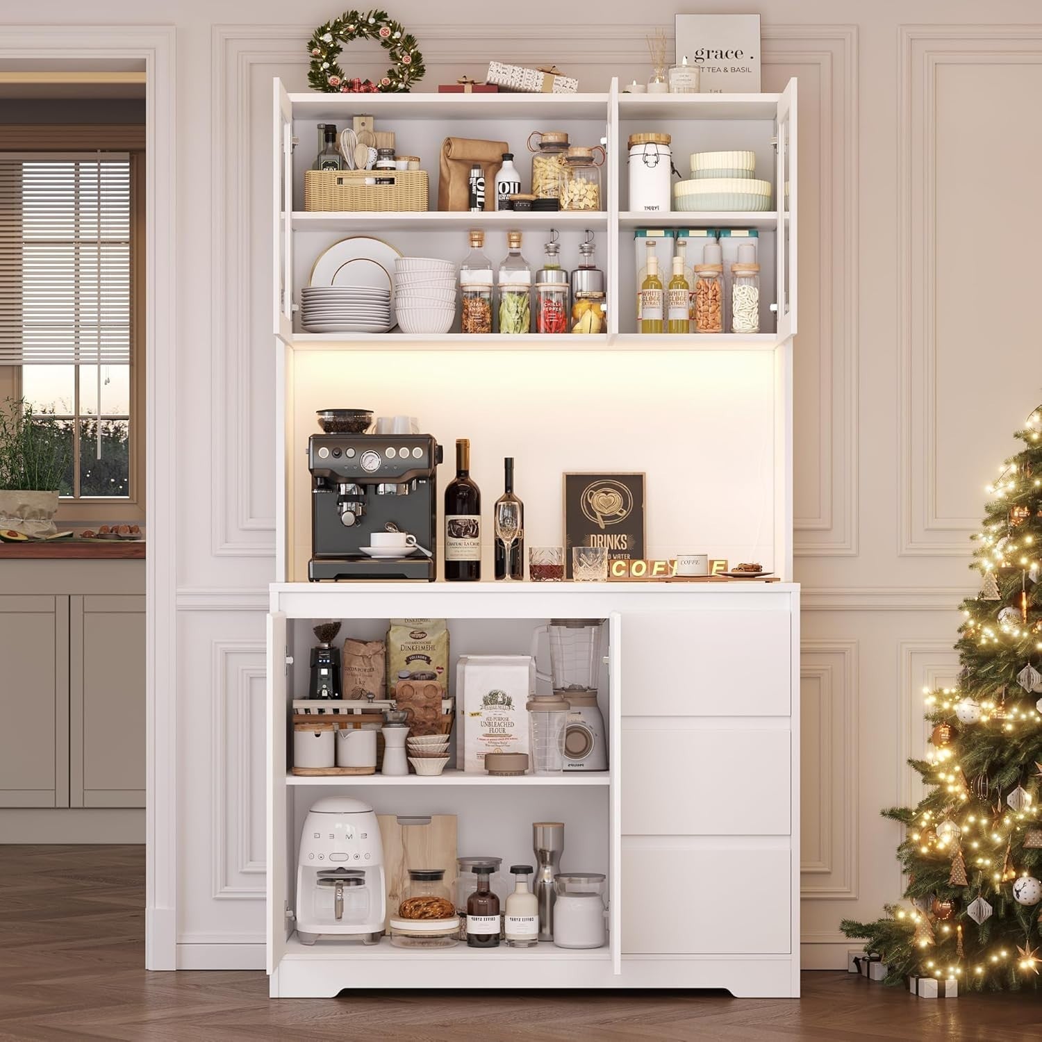 White Tall Kitchen Cupboard with LED, Sockets, Drawers & Shelves
