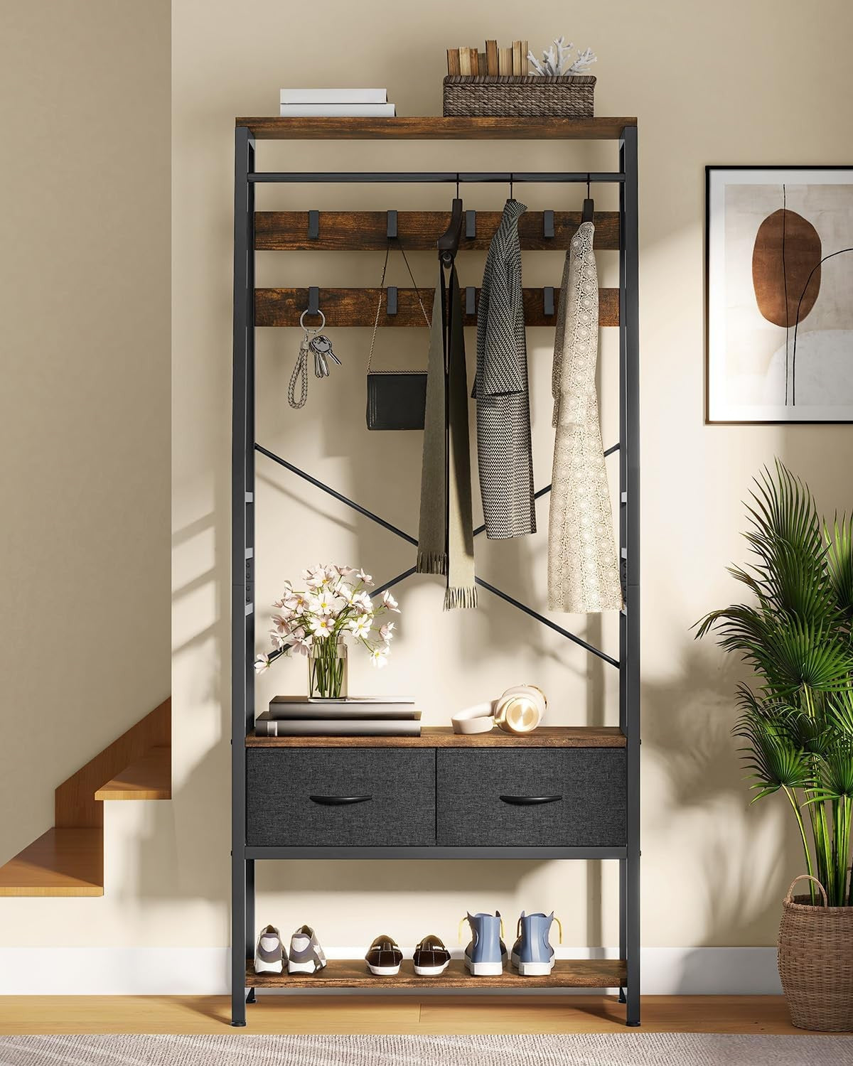 Rustic Brown Hall Tree Coat Rack | Bench with Shoe Storage & Drawers Organizer