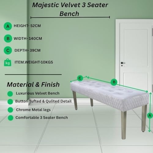 Luxury Silver Velvet 3-Seater Bench Modern Upholstered Dining & Entryway Seat