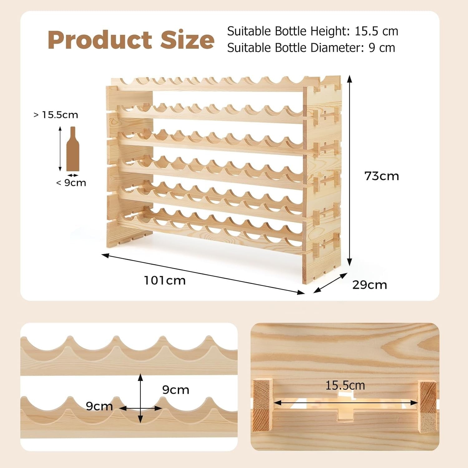 60 Bottle Wooden Wine Rack 6-Tier Floor Standing Wine Storage Organizer Pine