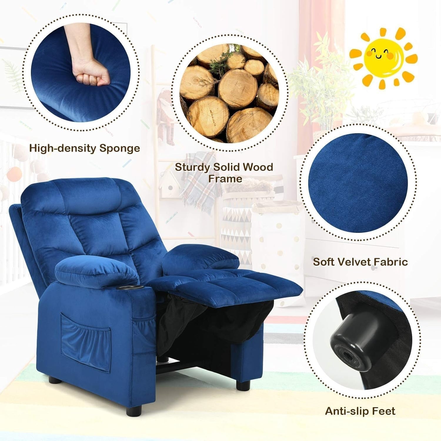 Adjustable Kids Recliner Chair Blue w/ Footrest, Velvet, Cup Holders & Storage