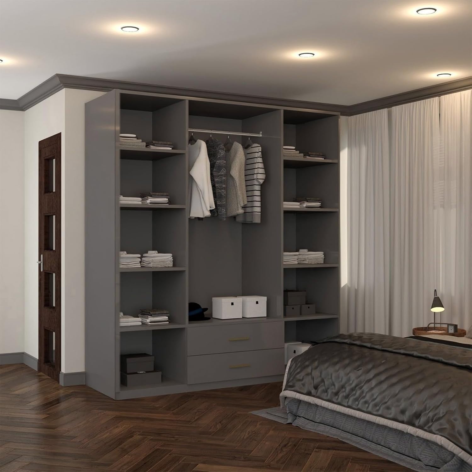 160cm Grey High Gloss Wardrobe with Mirror, Drawers & Hanging Rail Storage