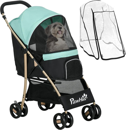 Foldable Pet Stroller 4-Wheel Dog Pram with Rain Cover Green Small Dogs