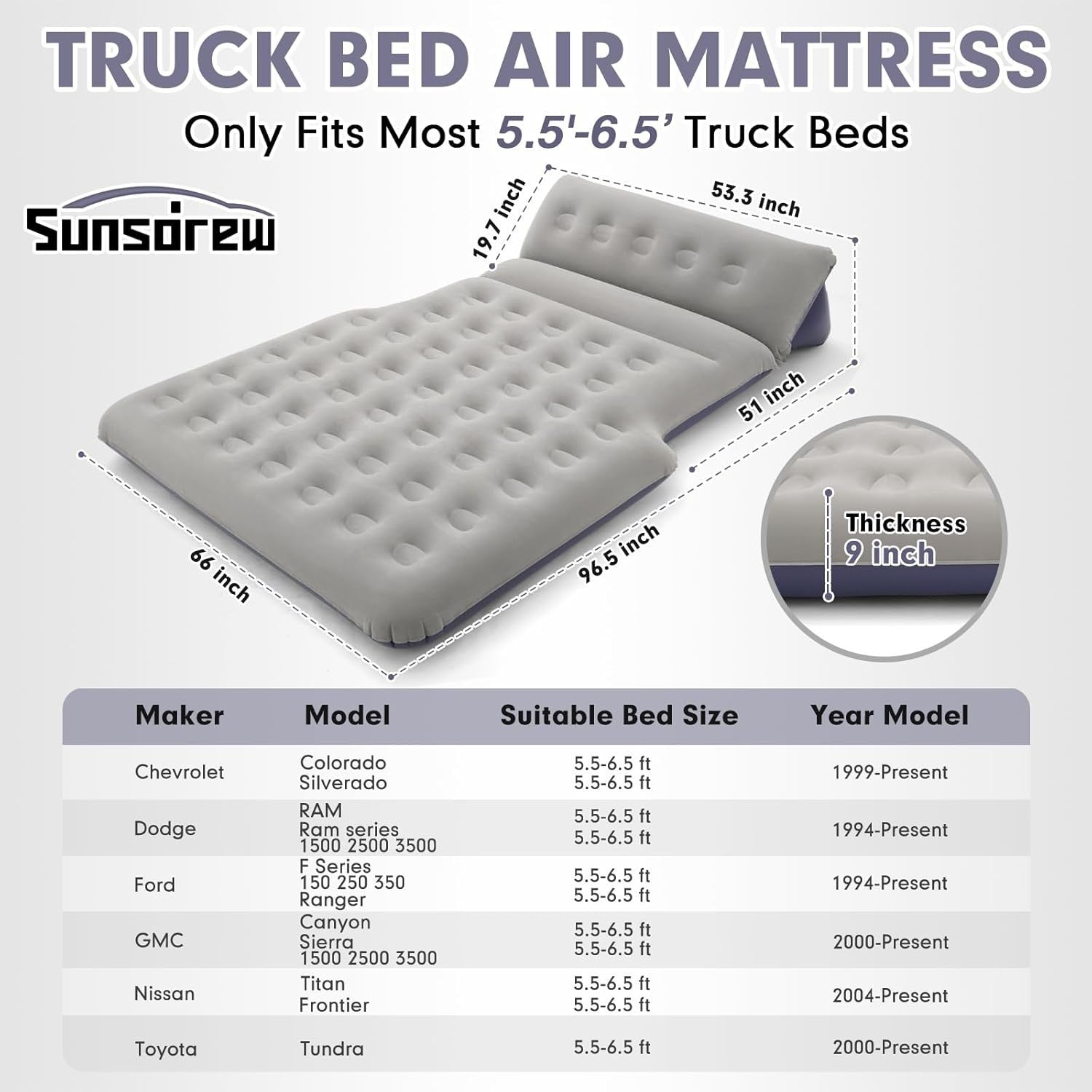Full-Size Truck Air Mattress with Built-In Pillow – Inflatable for Camping