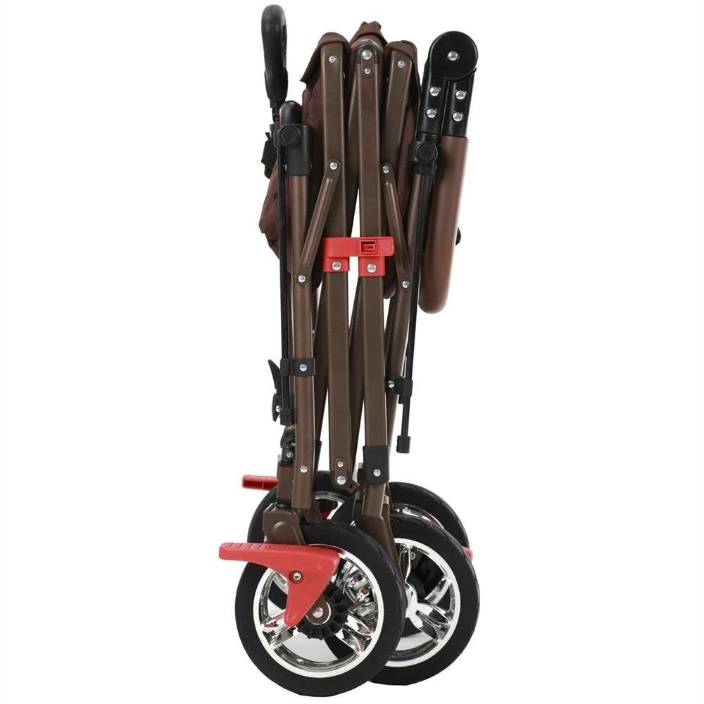 Brown Folding Kids Wagon Canopy Push Pull Cart Outdoor Transport w/ Brakes