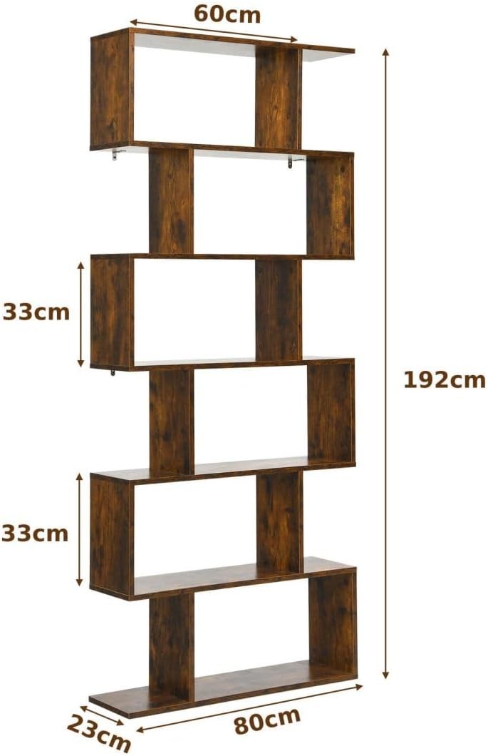 S-Shaped 6 Tier Bookcase Tall Freestanding Storage Shelving Unit 80x23x192cm