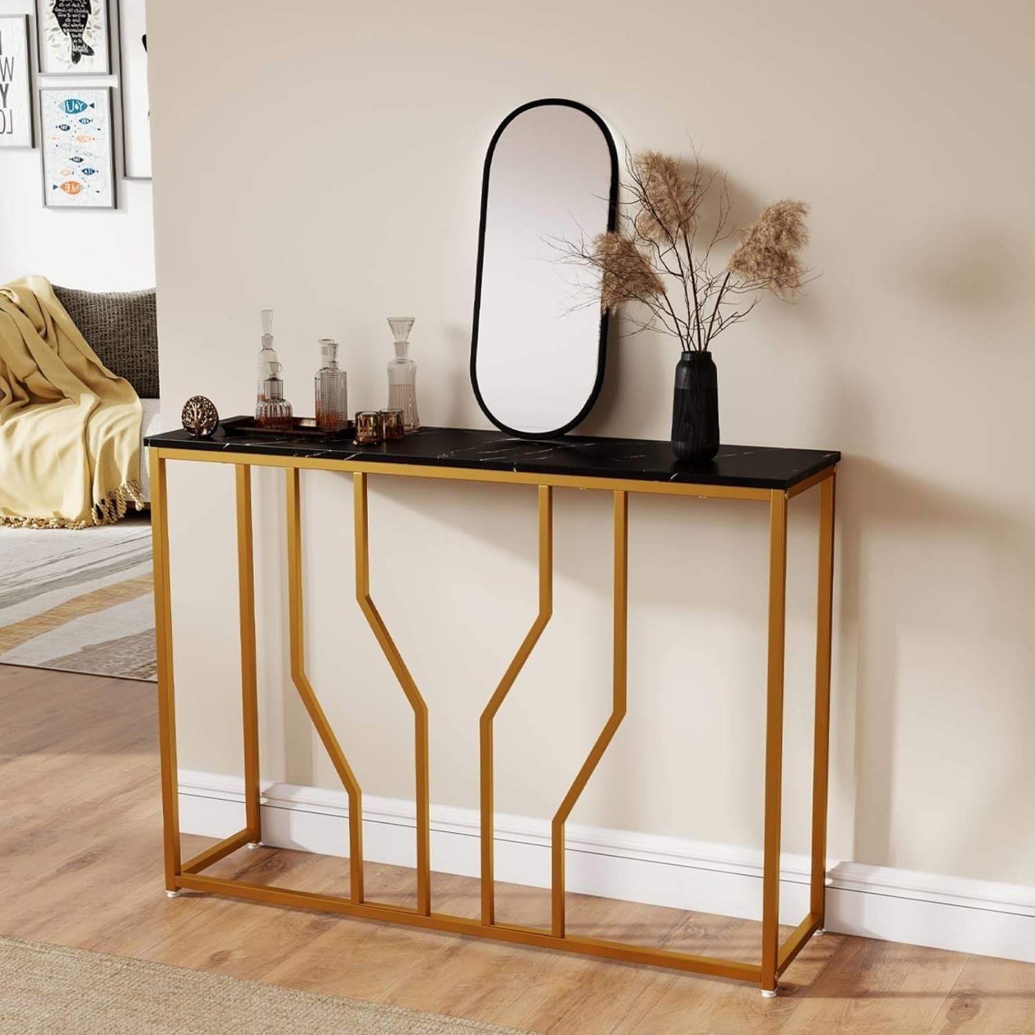 Slim Faux Marble Console Table with Anti-Tip, Metal Frame & Storage – 110cm