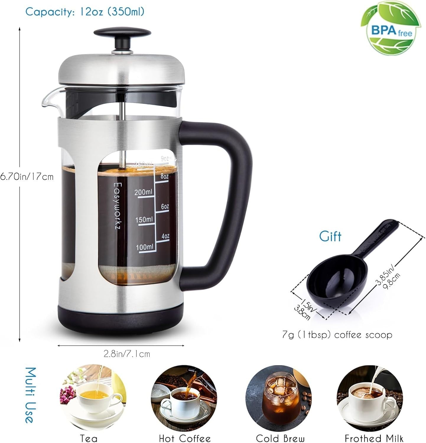 Stainless Steel French Press 350ml Coffee Maker Heat-Resistant Glass Soft Grip