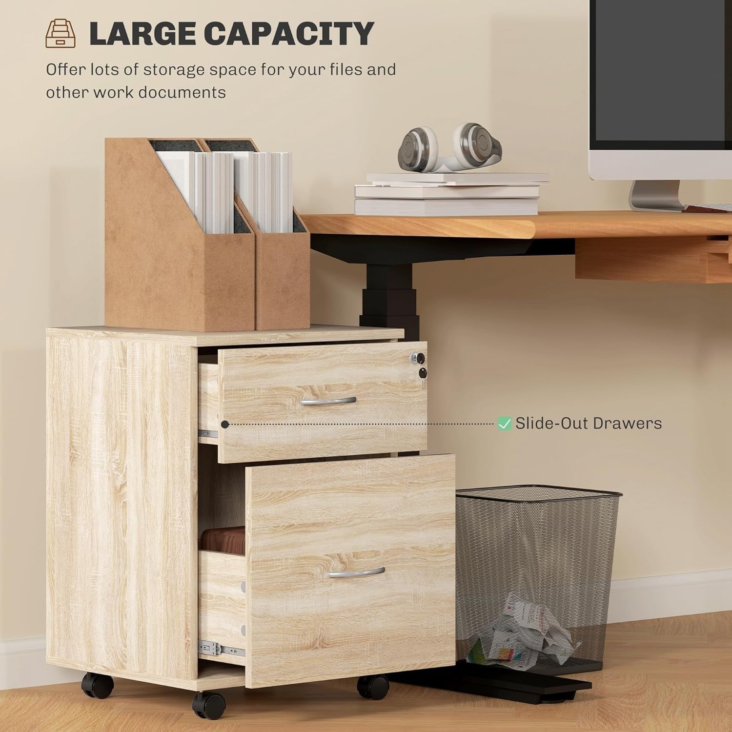 Oak Effect Locking Rolling File Cabinet 2 Drawer Under Desk Printer Unit
