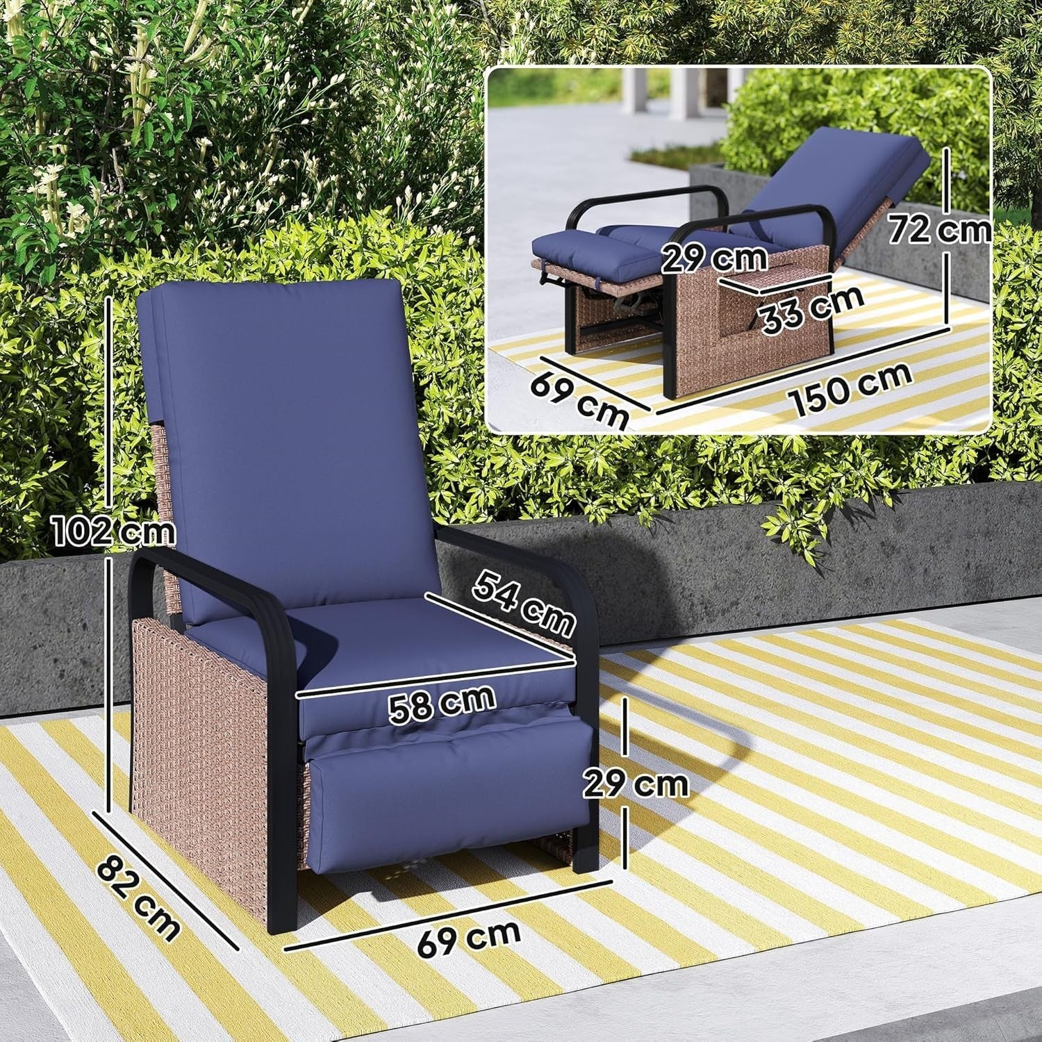 Outdoor Rattan Recliner Chair Adjustable Backrest Footrest Side Table