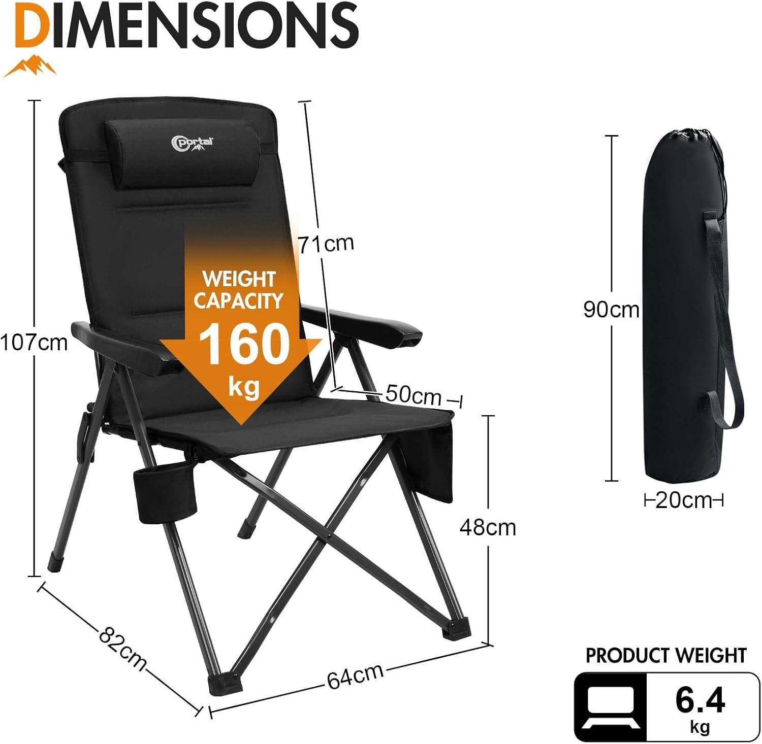 Reclining Folding Camping Chair Padded Heavy Duty 160KG XL with Cup Holder