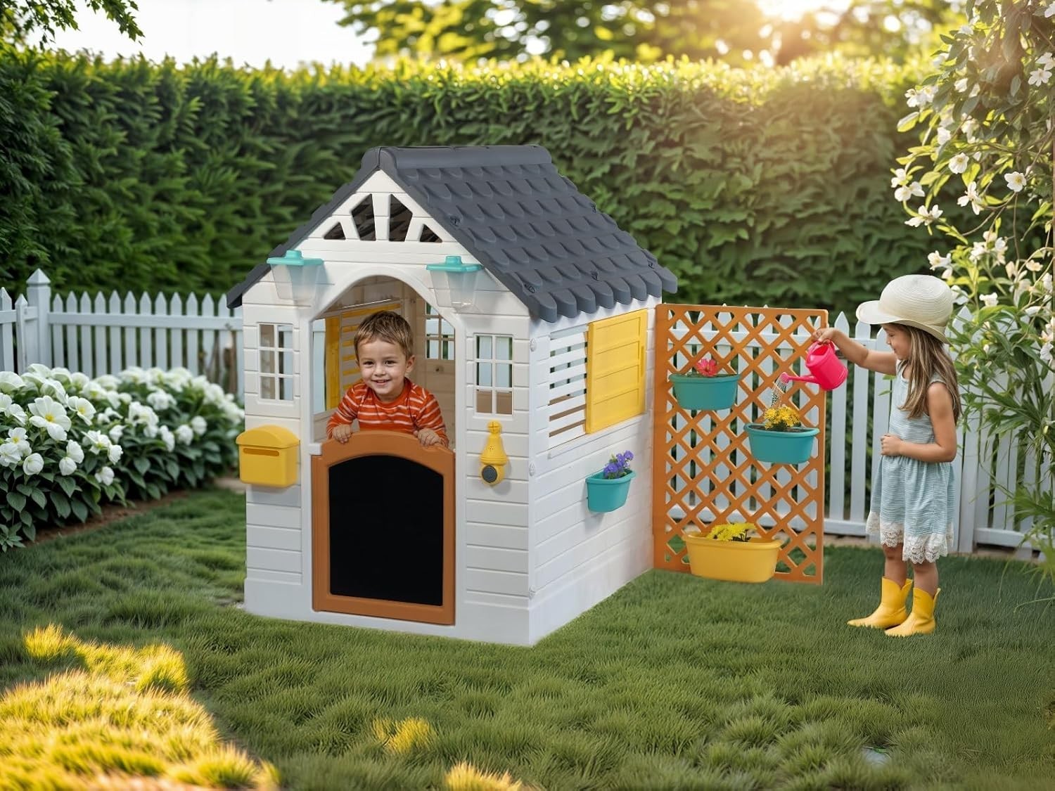 Kids Garden Playhouse with Fence Outdoor Plastic Play House Easy Build