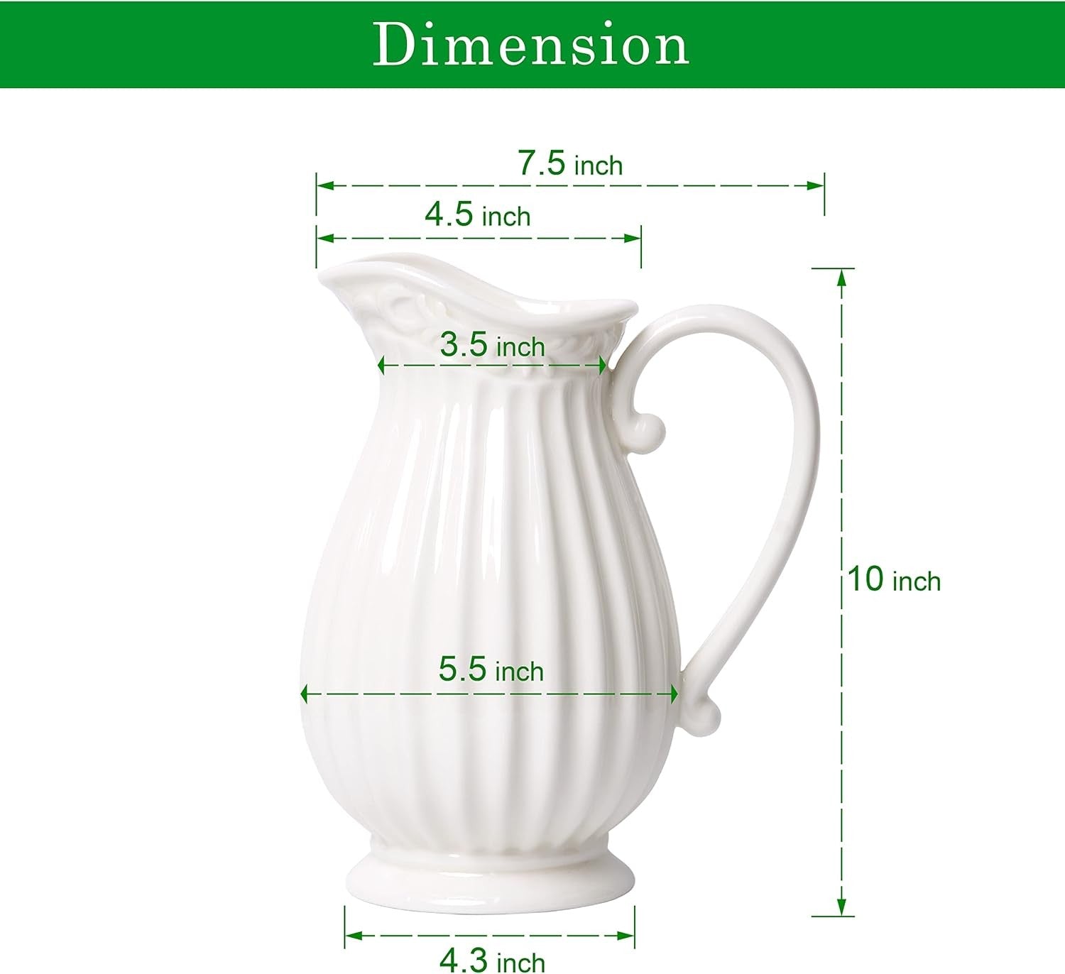 10 Inch White Ceramic Pitcher Vase Farmhouse Jug Fresh Flower Home Decor
