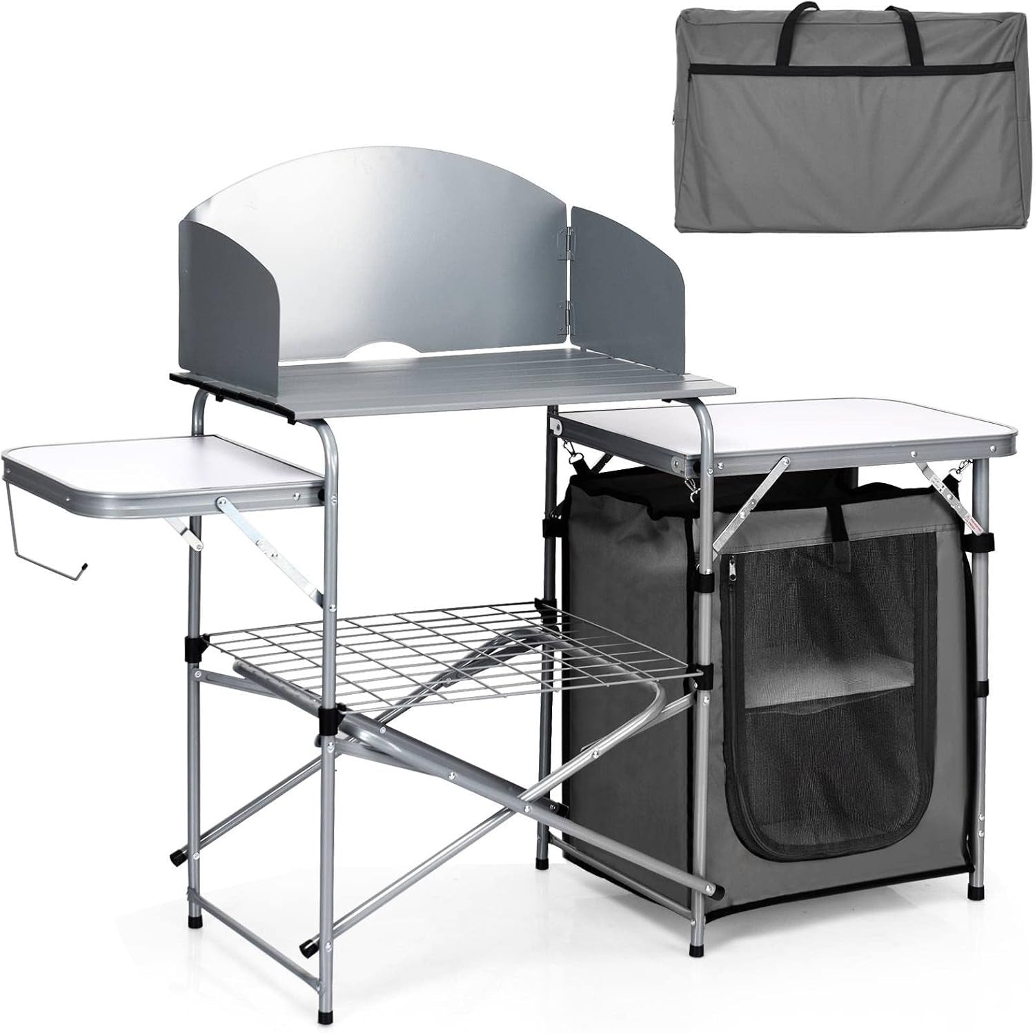 Folding Camping Kitchen Table BBQ Workstation with Windshield & Storage