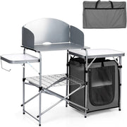 Folding Camping Kitchen Table BBQ Workstation with Windshield & Storage