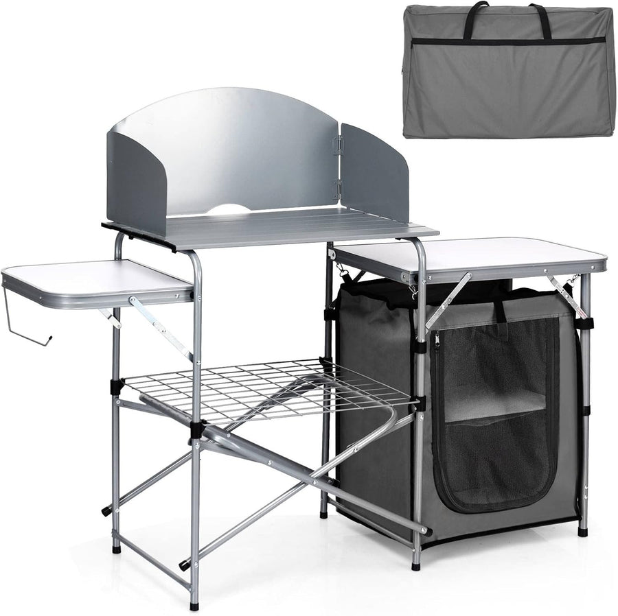 Folding Camping Kitchen Table BBQ Workstation with Windshield & Storage
