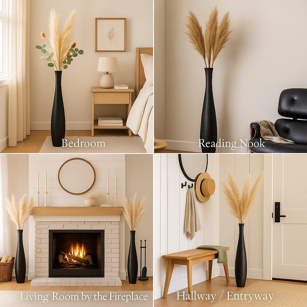 Black Floor Vase 65cm Tall Wooden Decor Pampas Grass