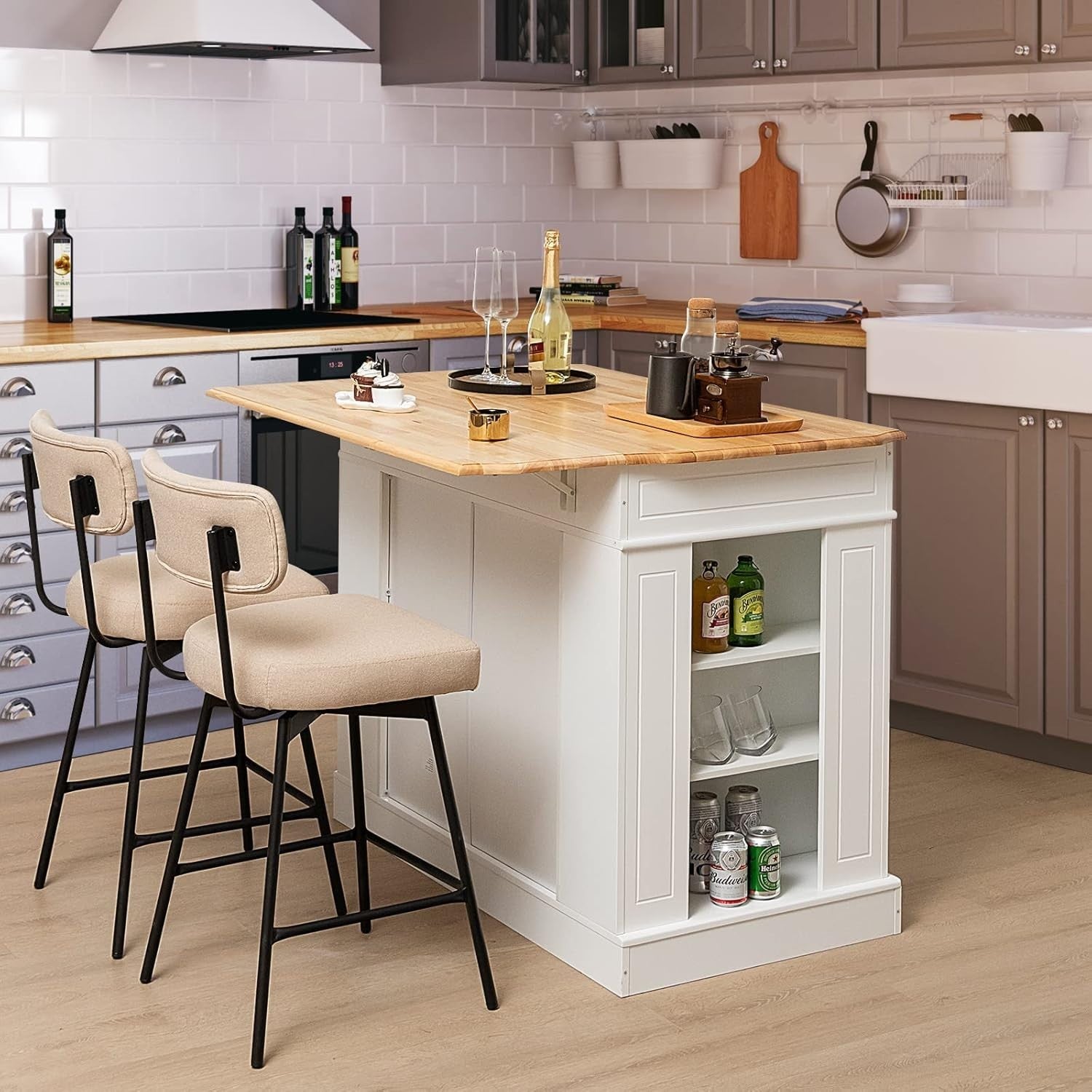 Expandable Kitchen Island Sideboard Cabinet with Storage & Adjustable Shelves, 1