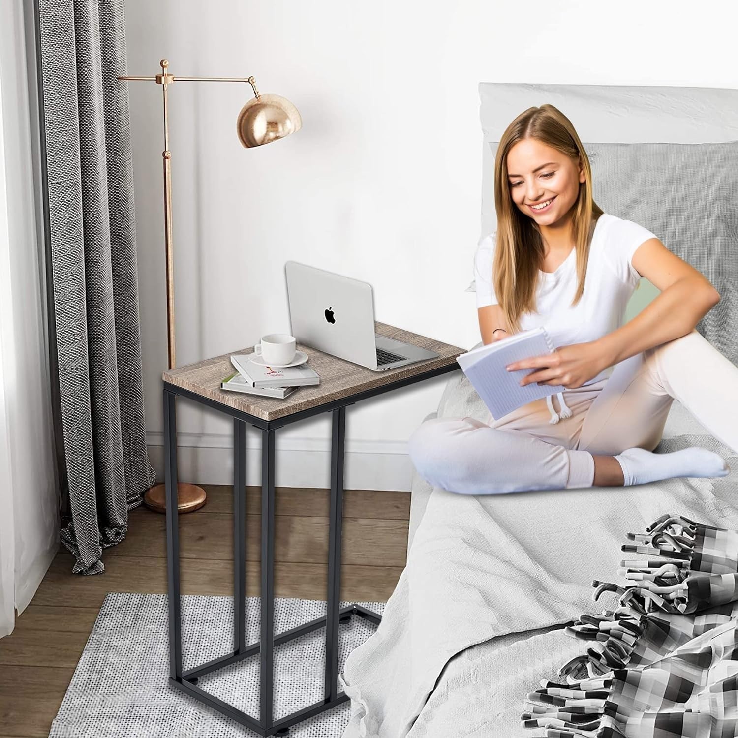 C Shape Light Wood Side Table for Sofa Bed | Slim Snack & Laptop Table